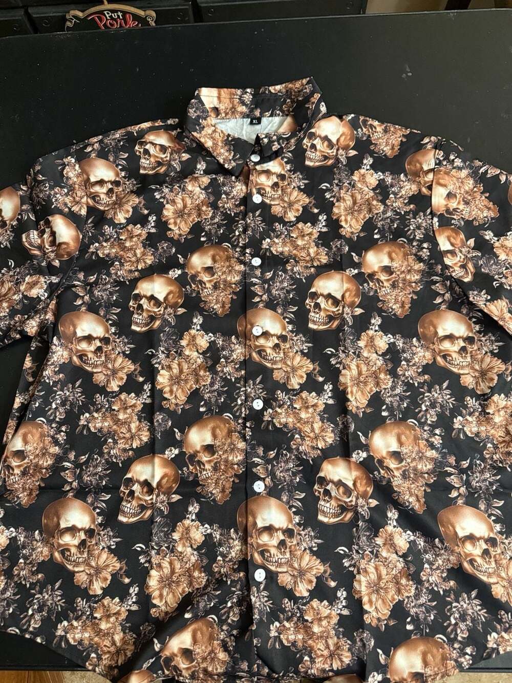 Unbranded Skull Floral Button-Up Shirt Size XL Black Brown